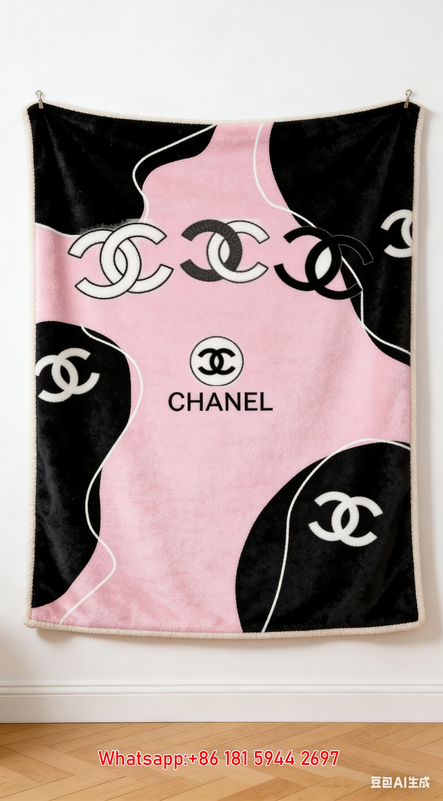 Minimalist Black & Pink Chanel CC Logo Flannel Throw Blanket IMG_7112